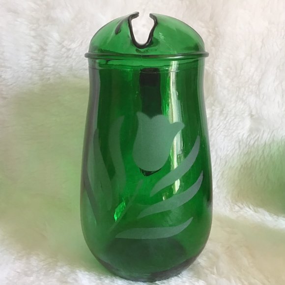 Rare Vintage Green Glass Etched Tulip Pitcher Set  with  5 Tumblers / Glasses - Picture 6 of 13